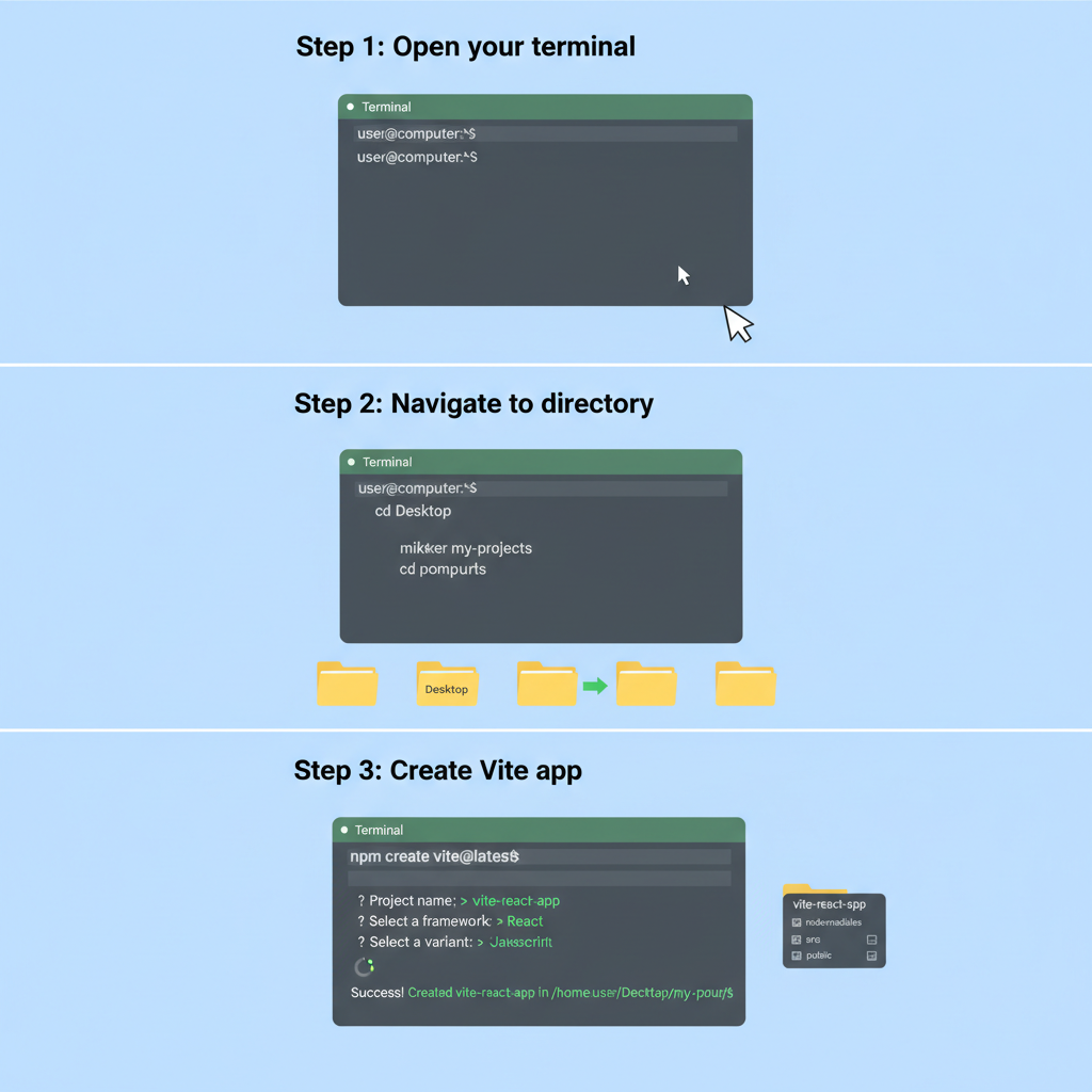 vite react app creation in terminal with project folders opening