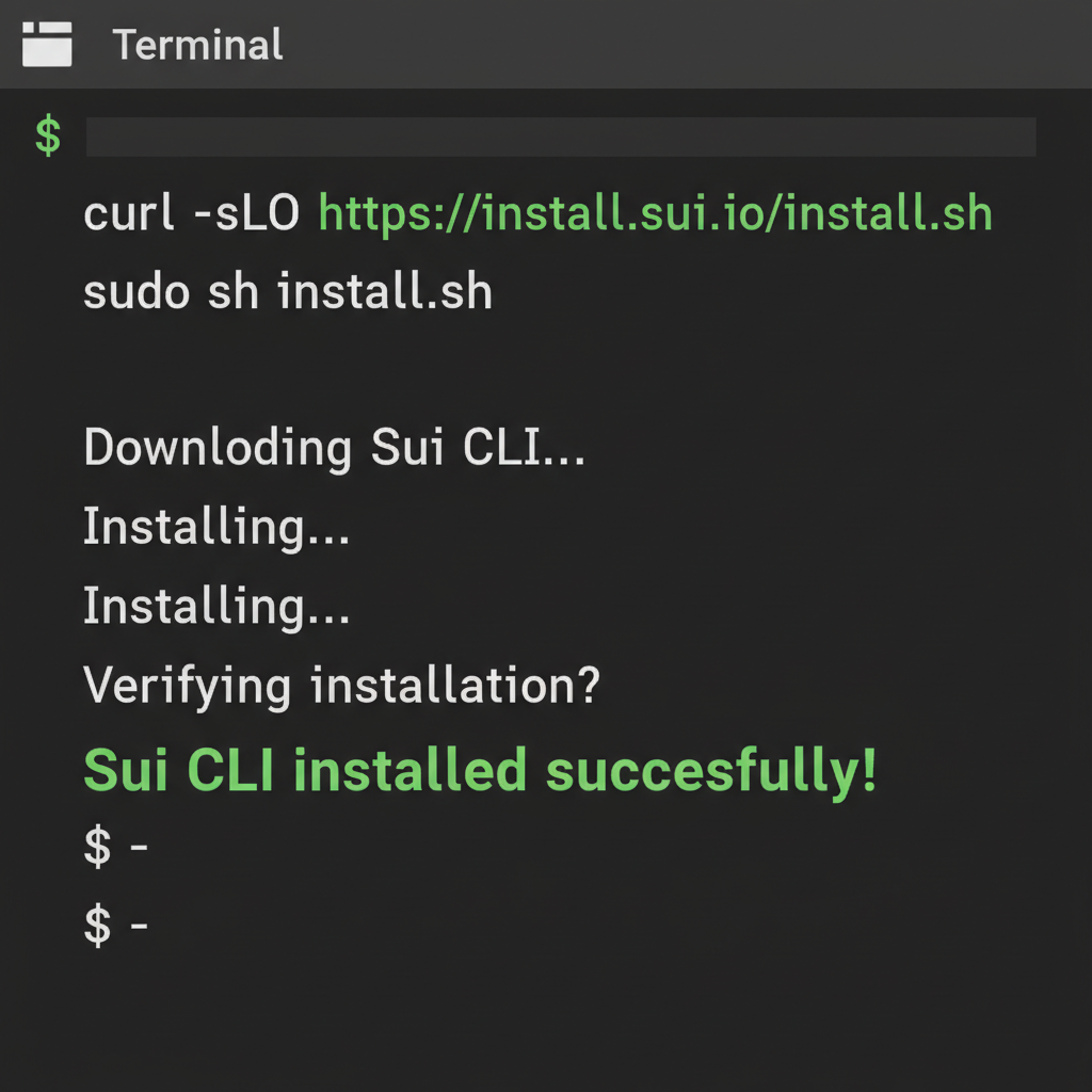 clean terminal screen showing sui cli installation command and success message