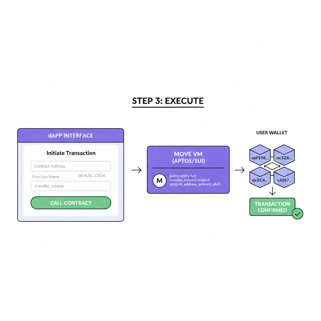 full dApp interface executing Move contract call, blockchain visualization
