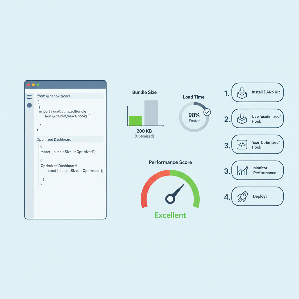 React code editor with dApp Kit hooks, performance graphs showing optimized bundle size, speedometer UI