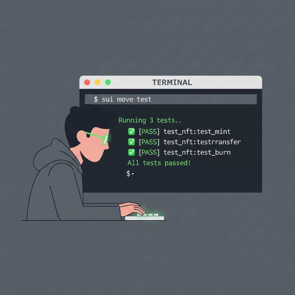 terminal window running sui move test command successfully on dark background, code output with green checkmarks, developer focused