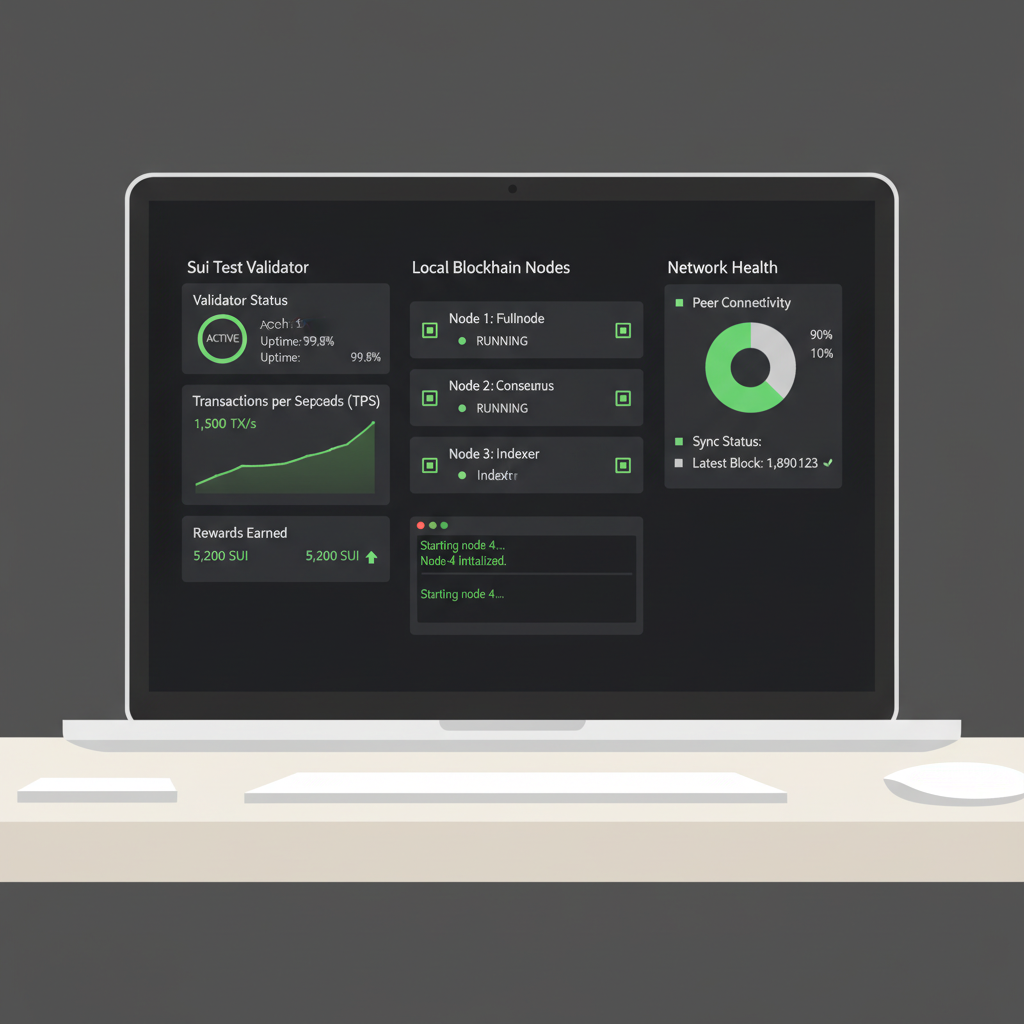 developer laptop screen showing Sui test validator dashboard, local blockchain nodes, green status indicators