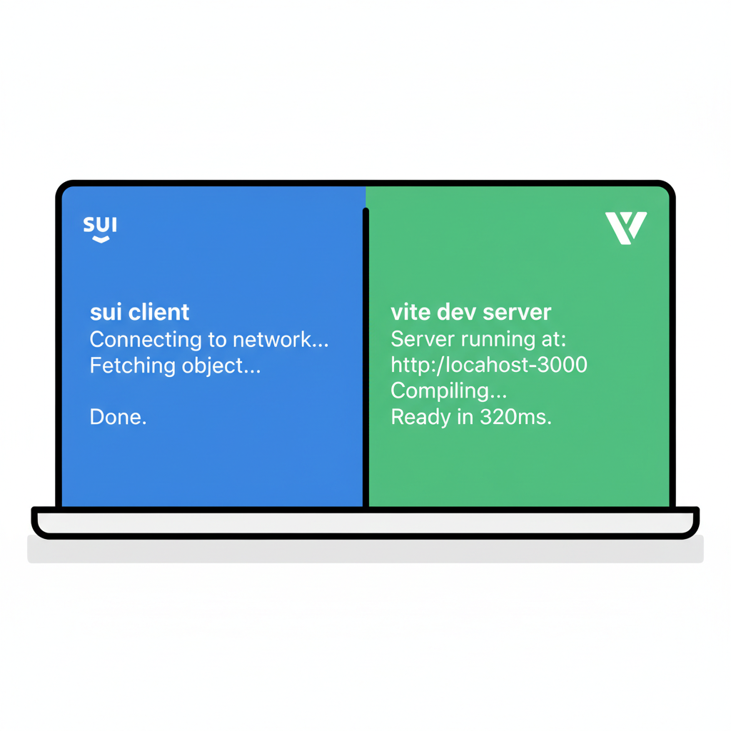 split screen terminal one side sui client other vite dev server running