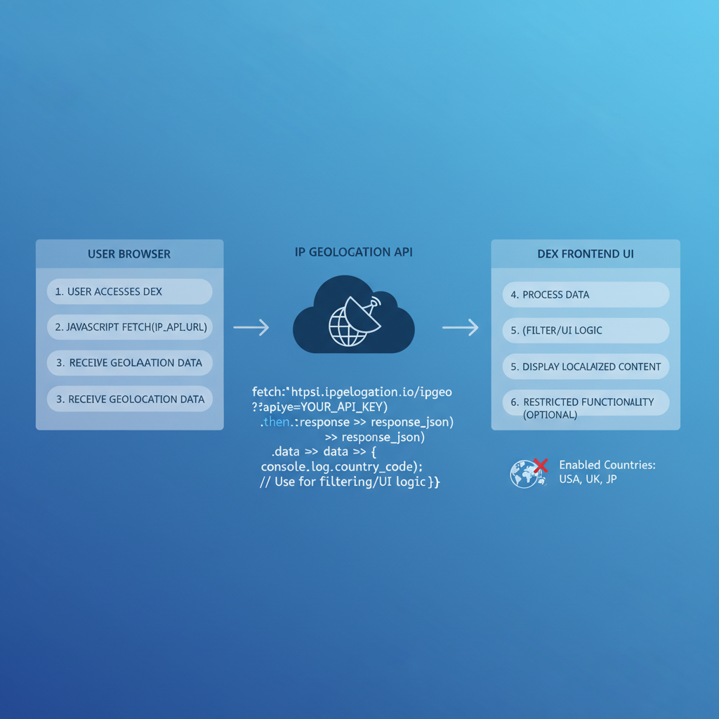 clean code snippet integrating IP geolocation API into DEX frontend, blue tones, technical diagram