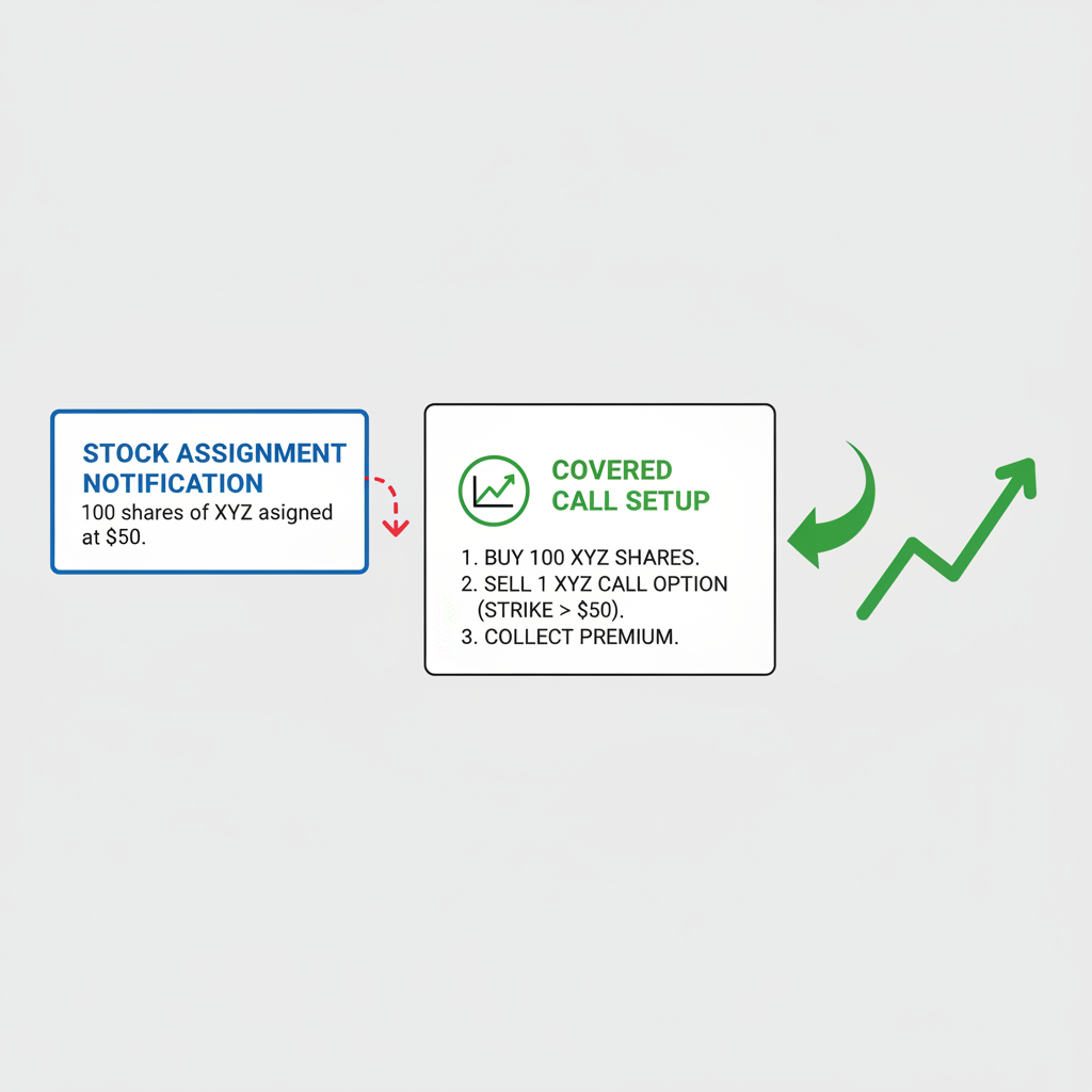 Stock assignment notification turning into covered call setup, upward arrow graph