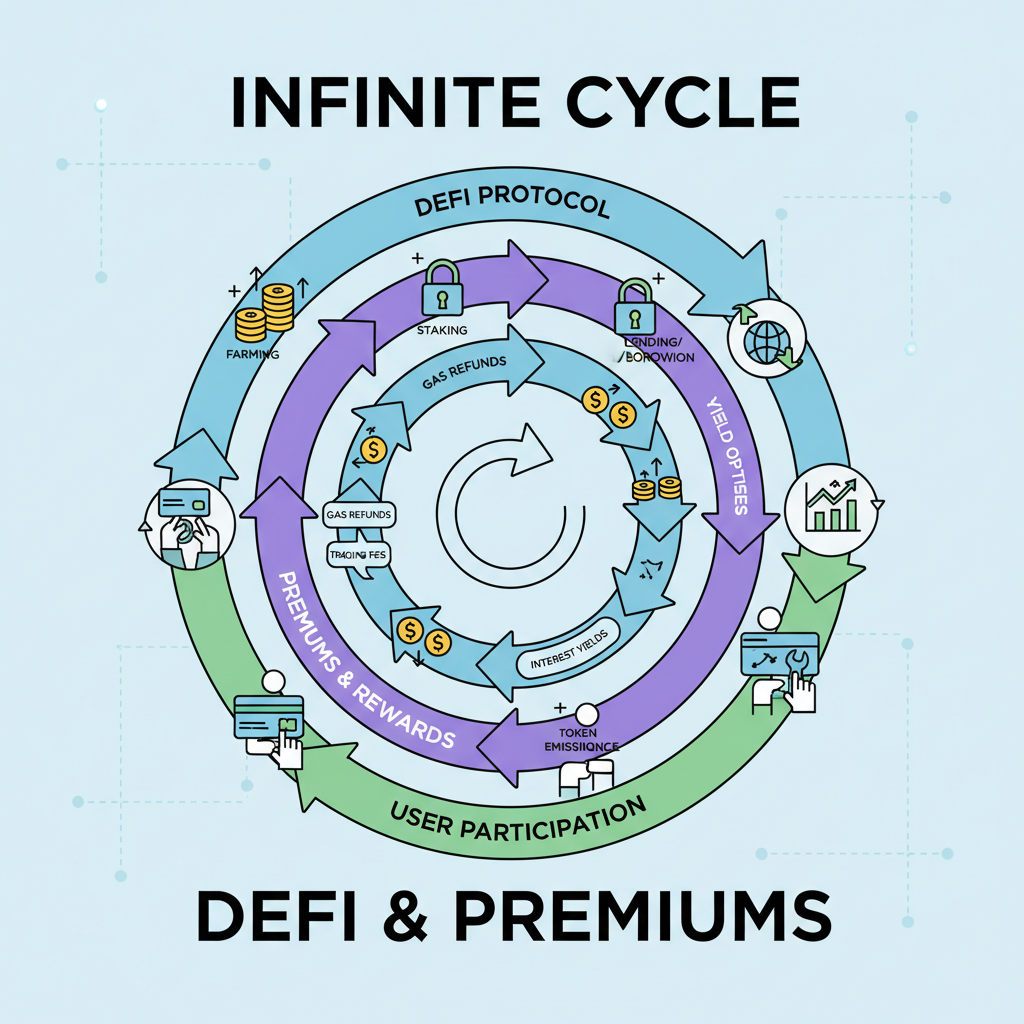 Infinite wheel cycle diagram with DeFi elements, premiums looping endlessly