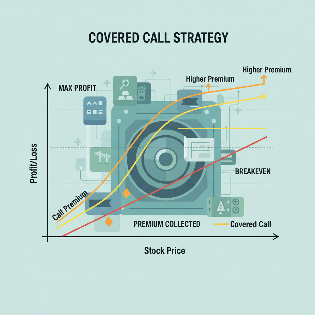 Covered call graph with rising premiums and RWA vault background
