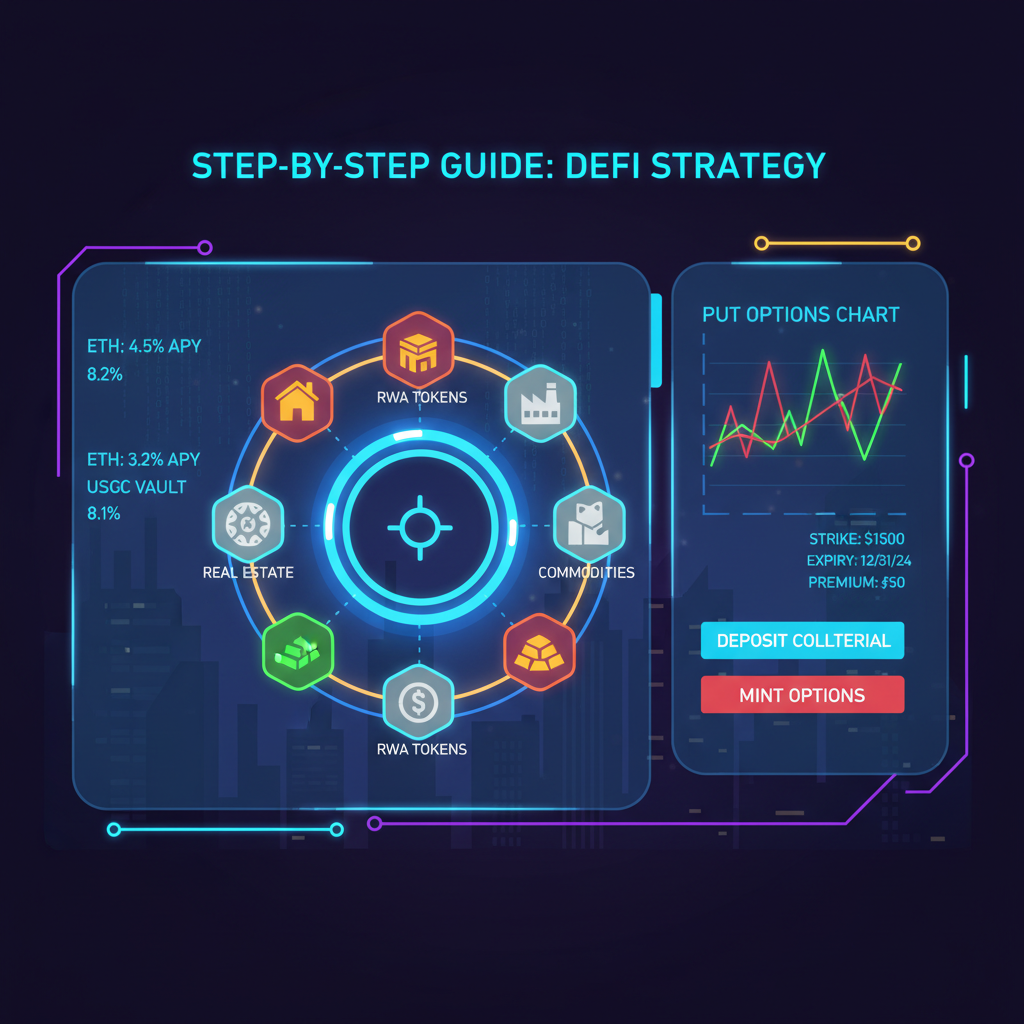 DeFi vault interface glowing with RWA tokens and put options chart, cyberpunk neon style