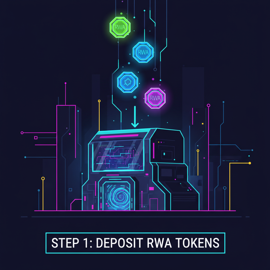 glowing RWA tokens depositing into futuristic DeFi vault, neon cyberpunk style