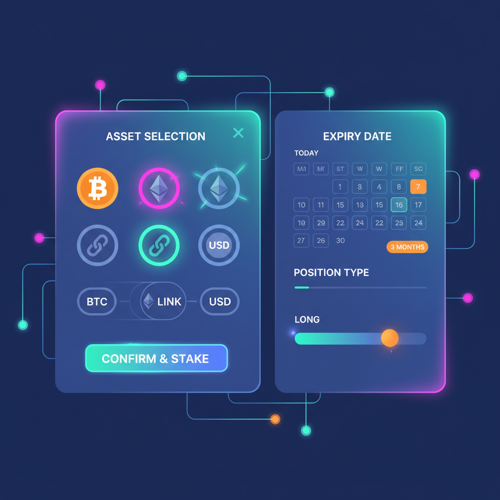 selective dashboard picking crypto asset and expiry date in DeFi interface, vibrant holographic UI