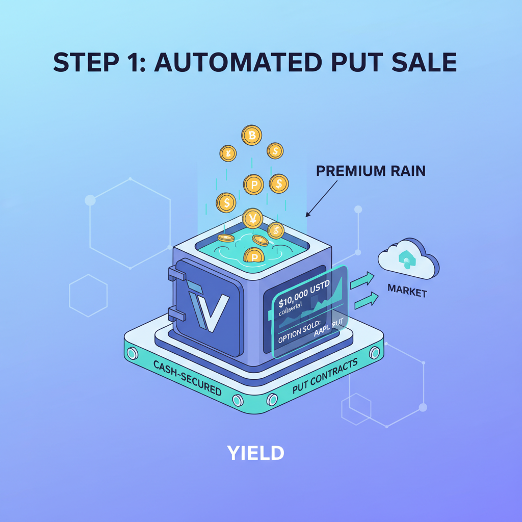 automated vault selling cash-secured puts, premium coins raining down, dynamic DeFi animation