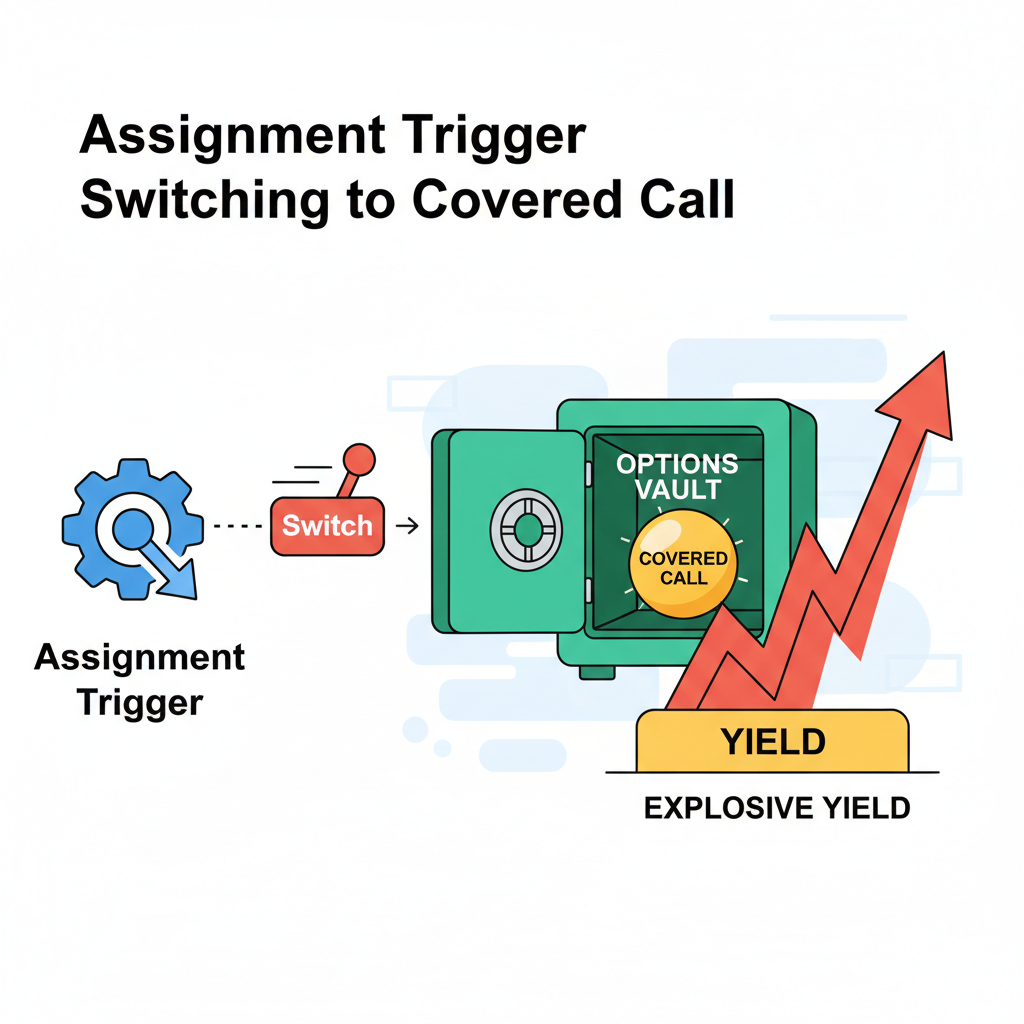 assignment trigger switching put to covered call in options vault, explosive yield graph rising