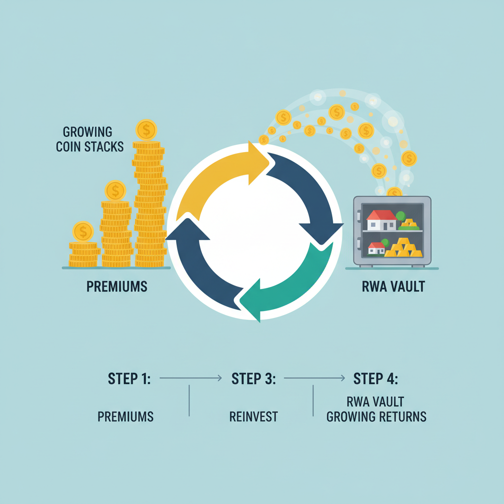 endless wheel cycle reinvesting premiums in RWA vault, infinite loop with growing coin stacks
