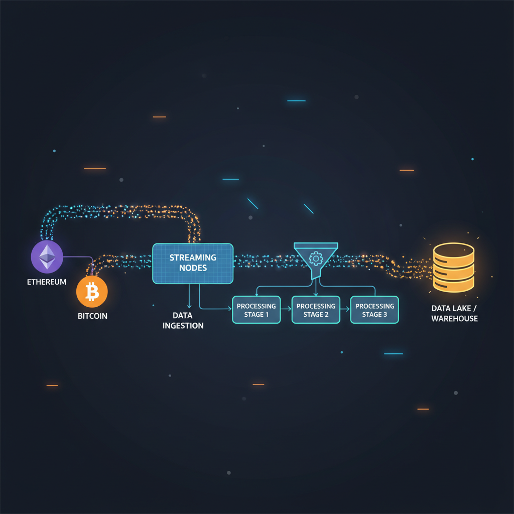 multi-chain blockchain data ingestion pipeline, streaming nodes Ethereum Bitcoin, glowing data flows, cyber tech style