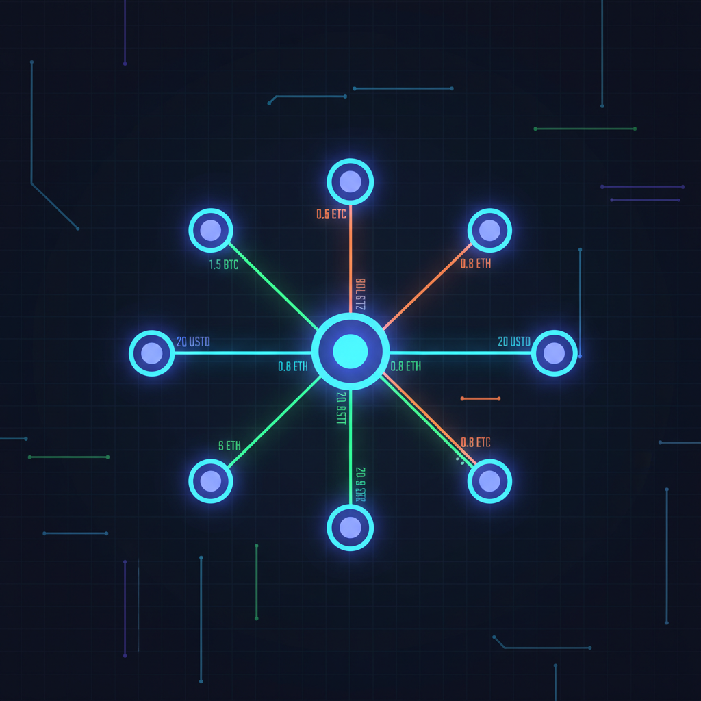 weighted transaction graph blockchain nodes edges glowing weights, futuristic network visualization, dark neon cyberpunk