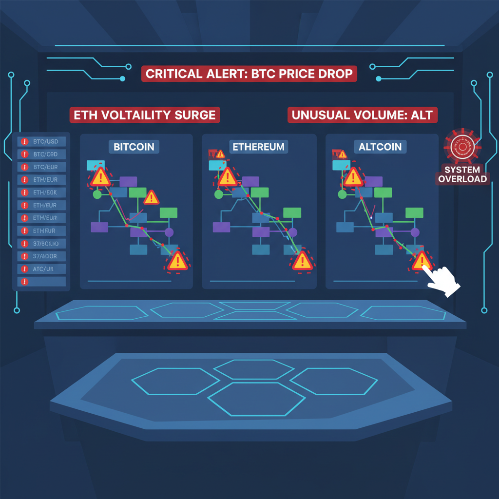 real-time alert dashboard crypto monitoring, flashing warnings blockchain graphs, high-tech control room style