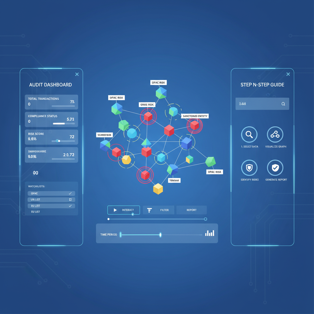 interactive crypto graph visualization clusters audit dashboard, 3D nodes OFAC risk highlights, sleek futuristic UI