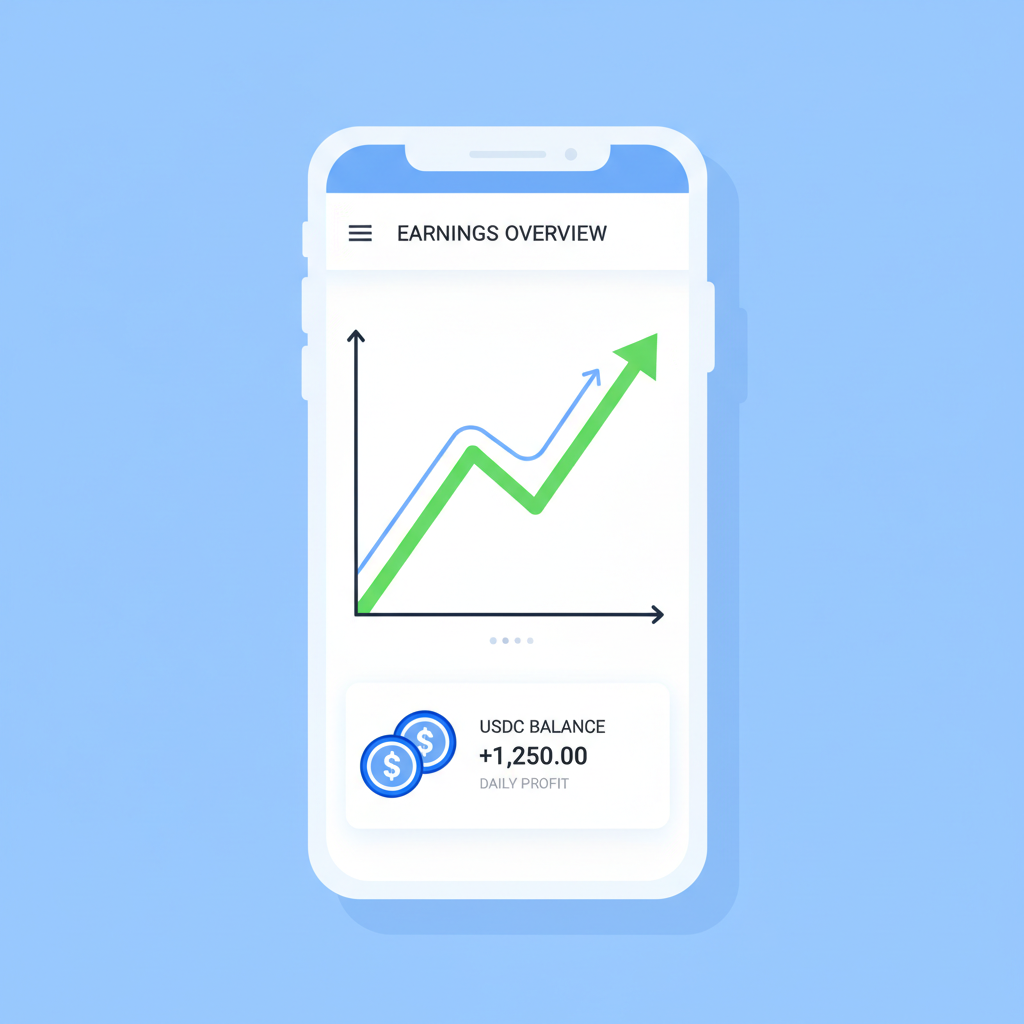 monitoring earnings chart on app, USDC coins, upward graph