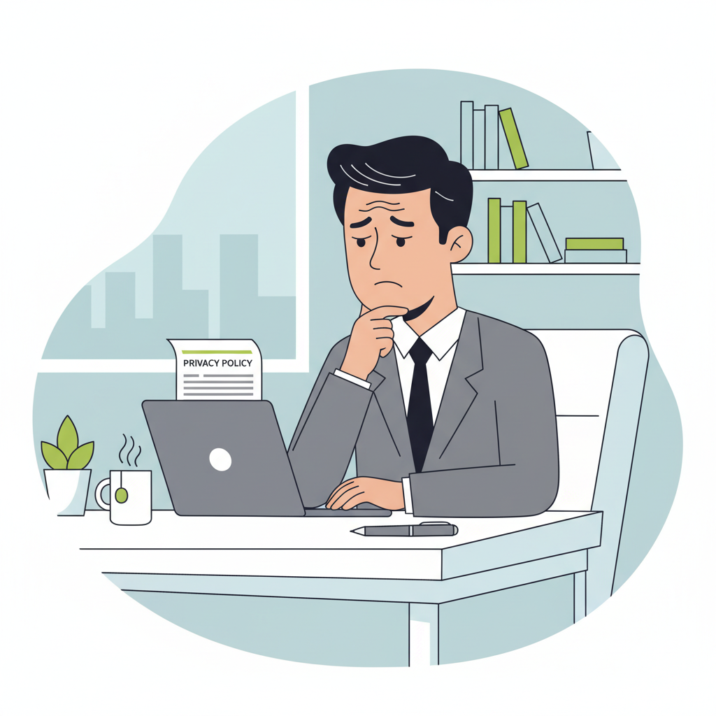 expert reviewing privacy policy on laptop, professional office, cautious expression