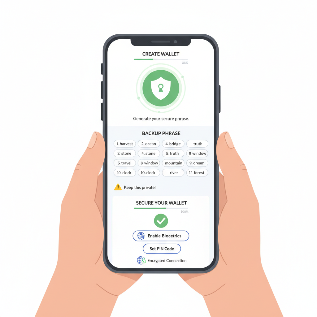setting up crypto wallet on phone, secure icons, professional setup