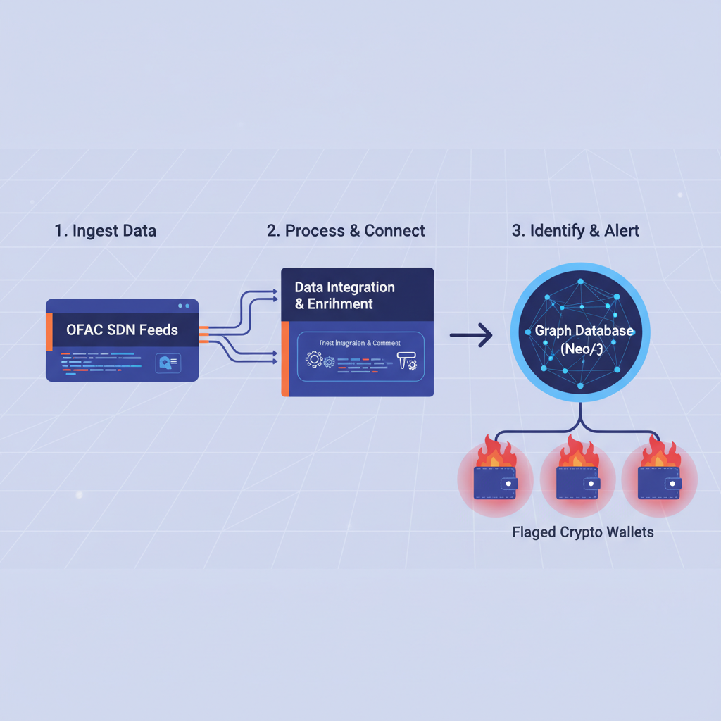 data pipeline integrating OFAC SDN feeds into graph database, crypto wallets glowing red, futuristic dashboard