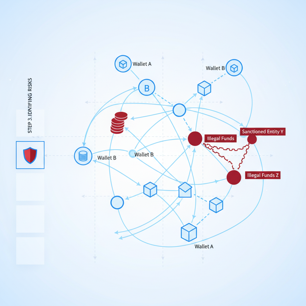 dynamic blockchain graph with wallet nodes and transaction edges, sanctioned nodes in red, 3D network visualization