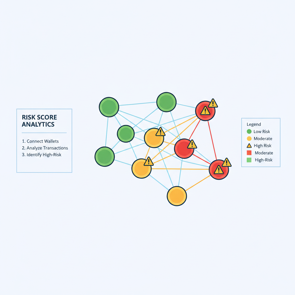 graph analytics applying risk scores to crypto wallet connections, heatmaps on nodes, warning icons