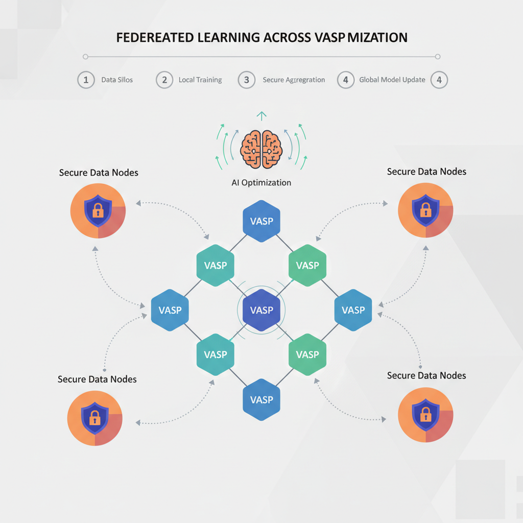 federated learning across VASP graphs, secure data nodes collaborating, AI optimization visualization