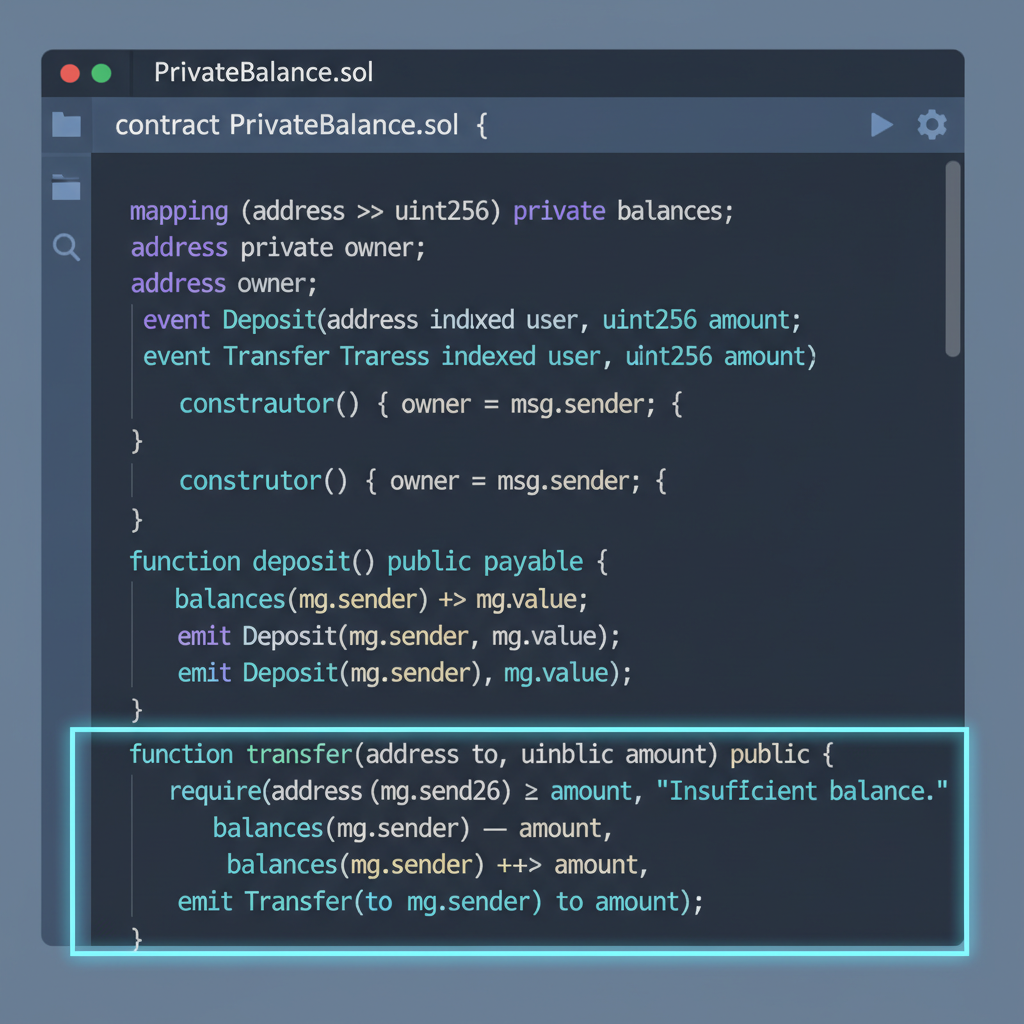 solidity code editor privatebalance contract suint256 deposit transfer functions dark theme