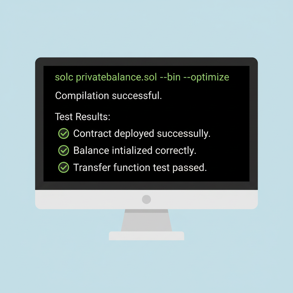 command line compiling ssolc privatebalance.sol test results passing green checks