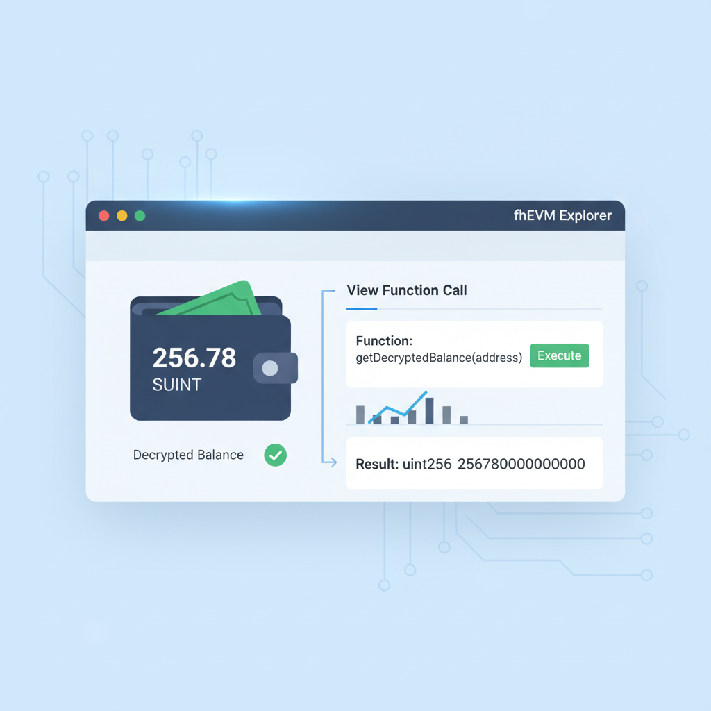 wallet interface showing decrypted suint256 balance fhEVM explorer view function call