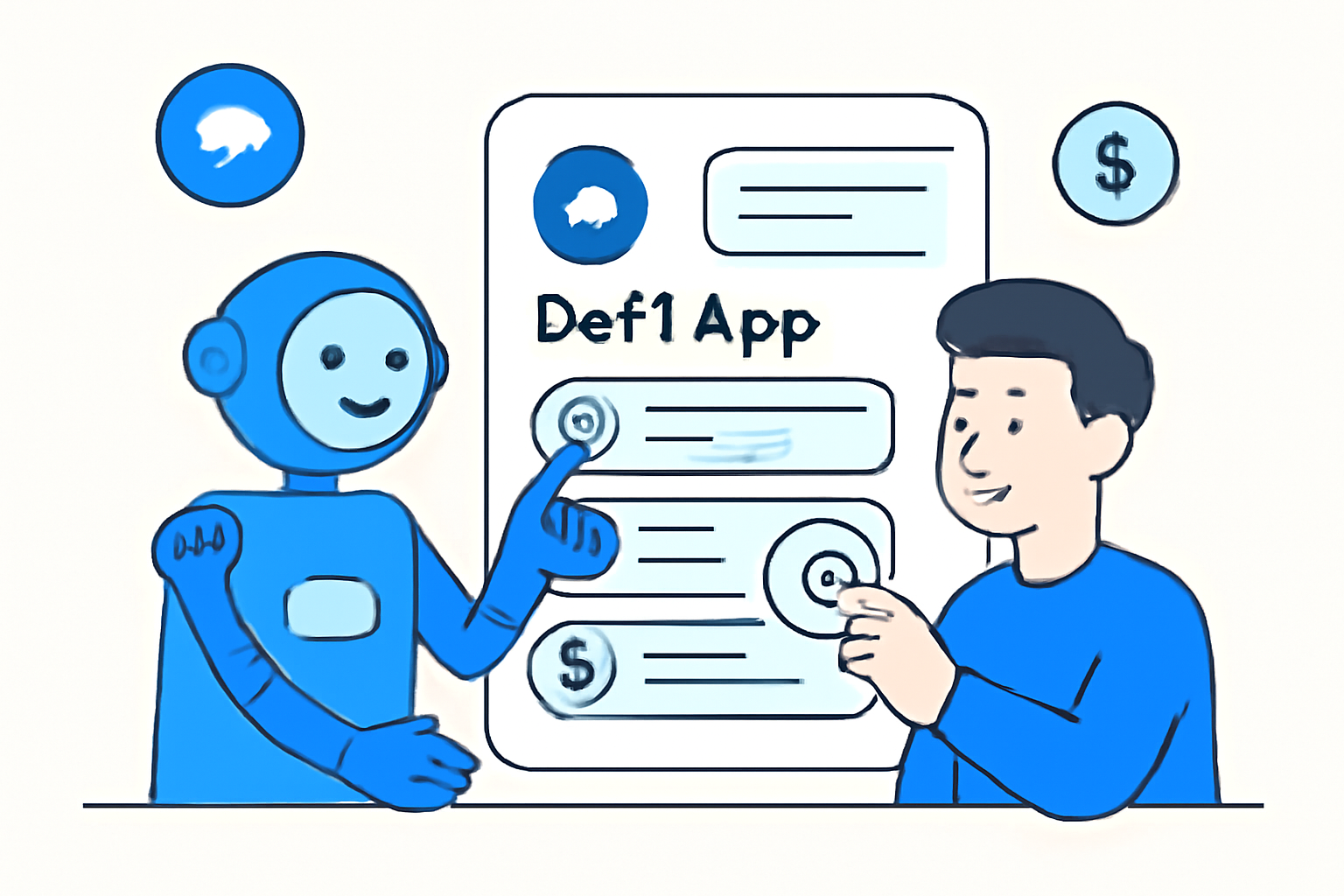 A friendly AI robot guiding a user through a DeFi app interface, with Base blockchain logos and token icons visible.