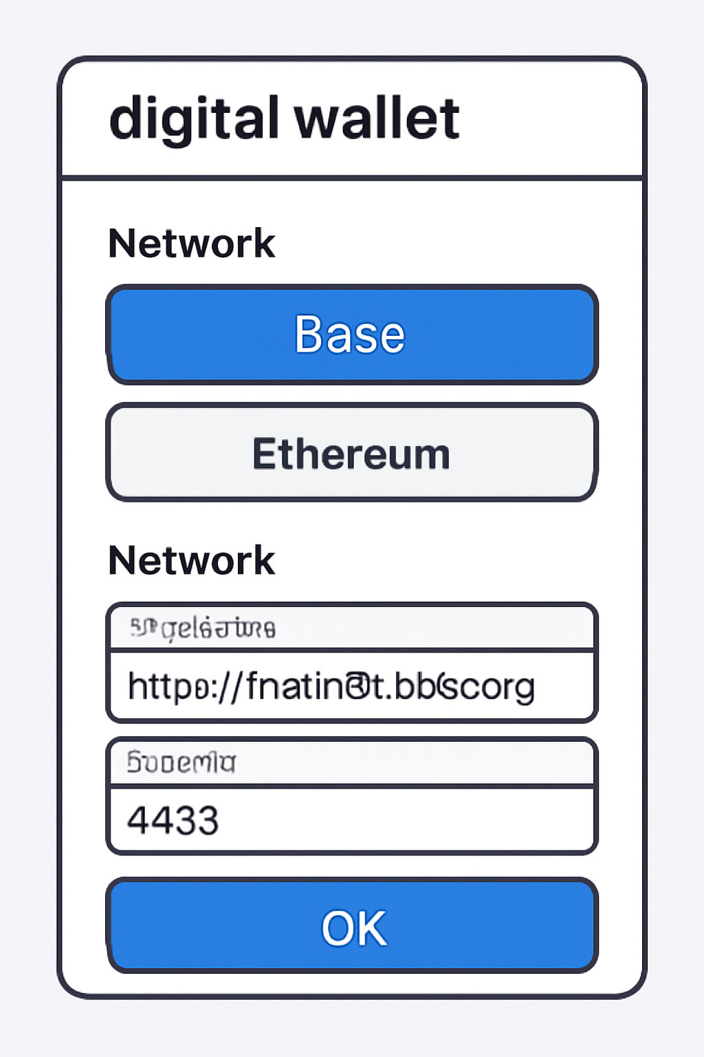 A digital wallet interface with a highlighted 'Base' network selection, showing network details being entered and confirmed.