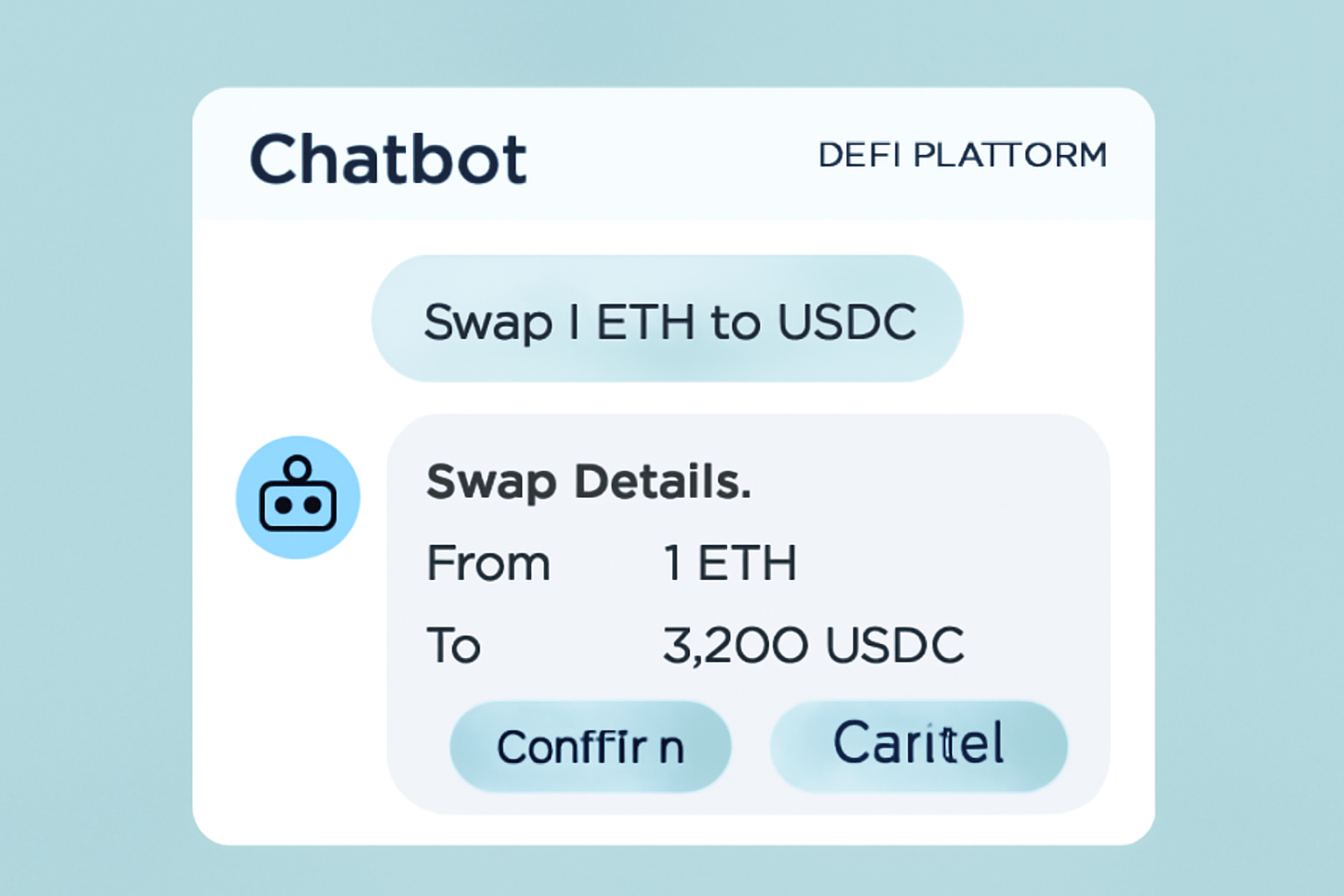 A chatbot window on a DeFi platform where a user types a swap command, with the AI co-pilot displaying swap details and confirmation options.