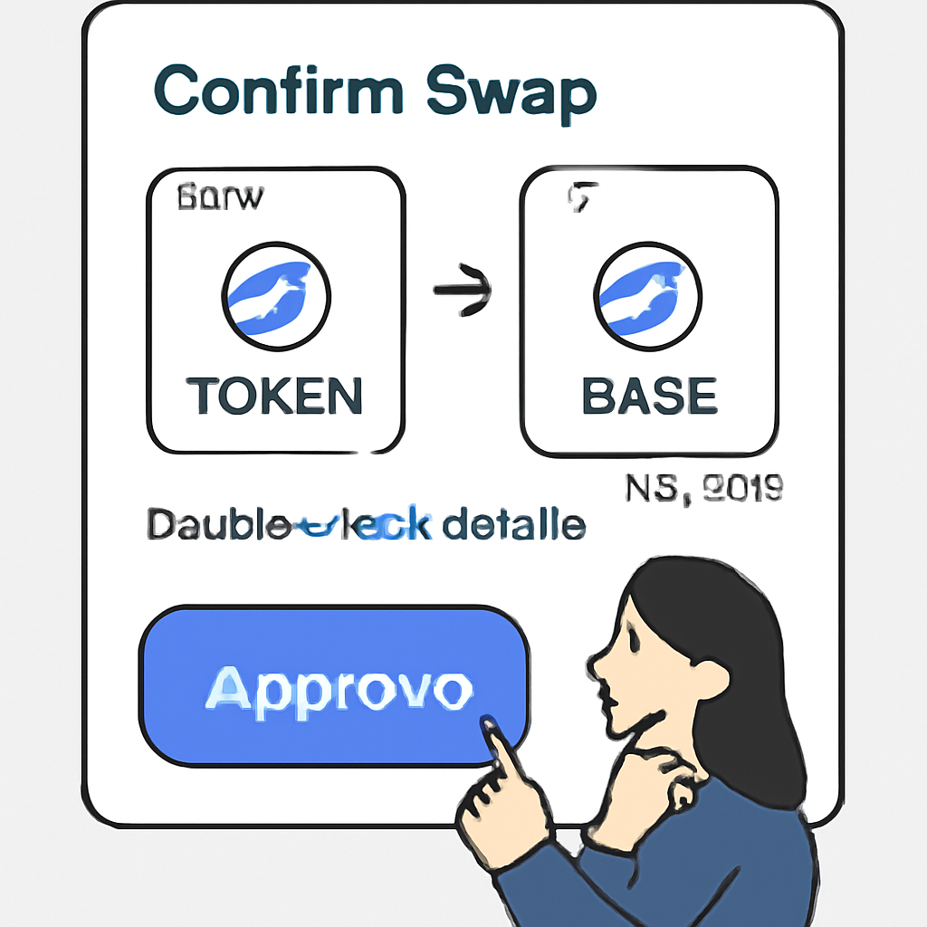 A digital confirmation screen showing token swap details, BASE price ($0.3233), and a user double-checking before clicking 'Approve'.