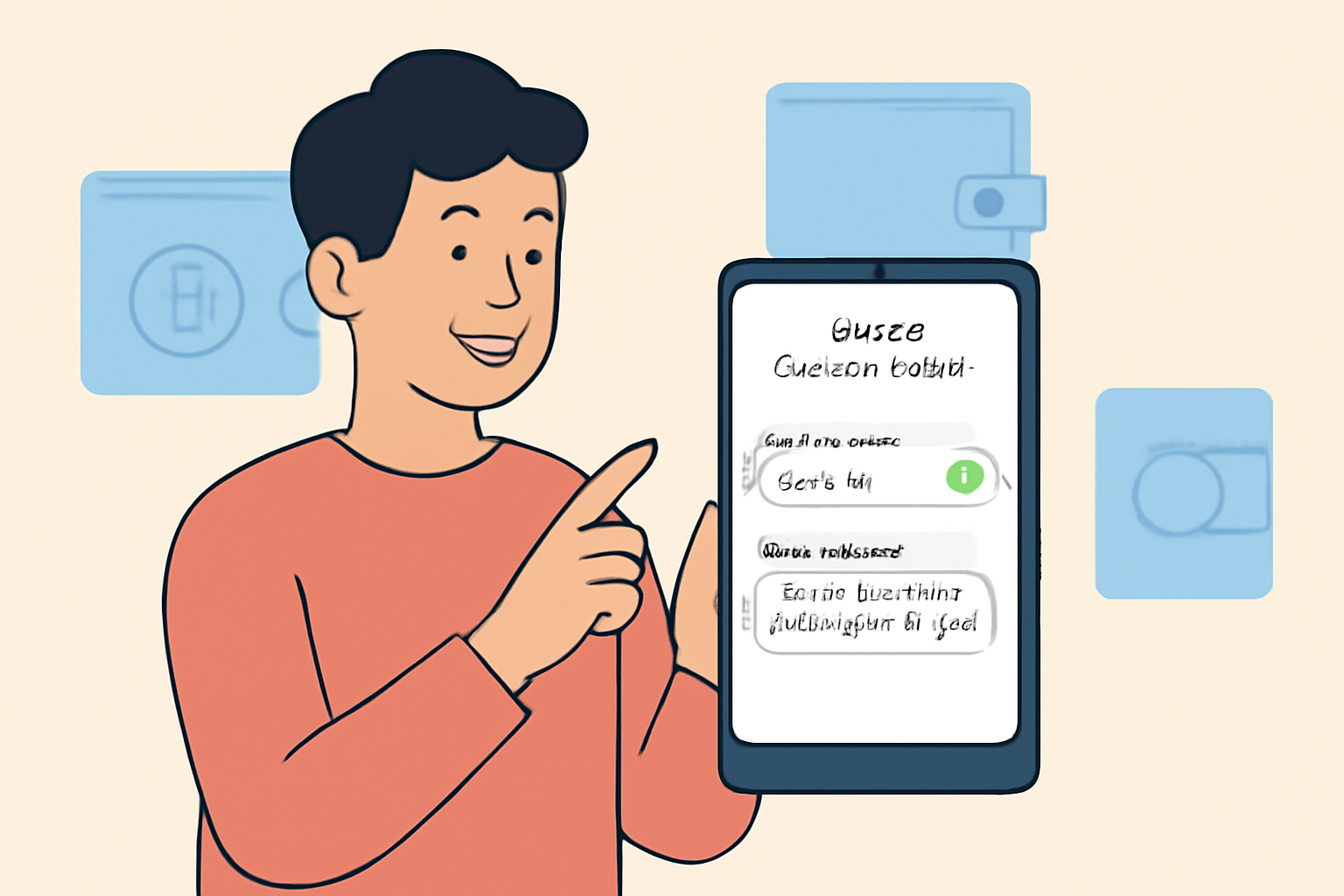 A person happily setting up a crypto wallet on their smartphone, showing a secure password and backup phrase, with digital wallet icons in the background.