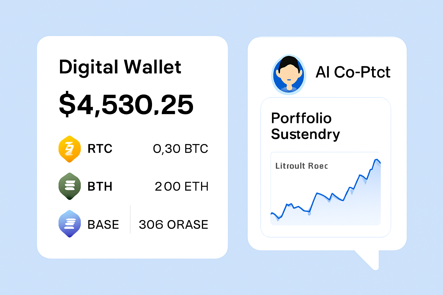 A digital wallet interface showing updated token balances, with the AI co-pilot presenting a portfolio summary and BASE price chart.