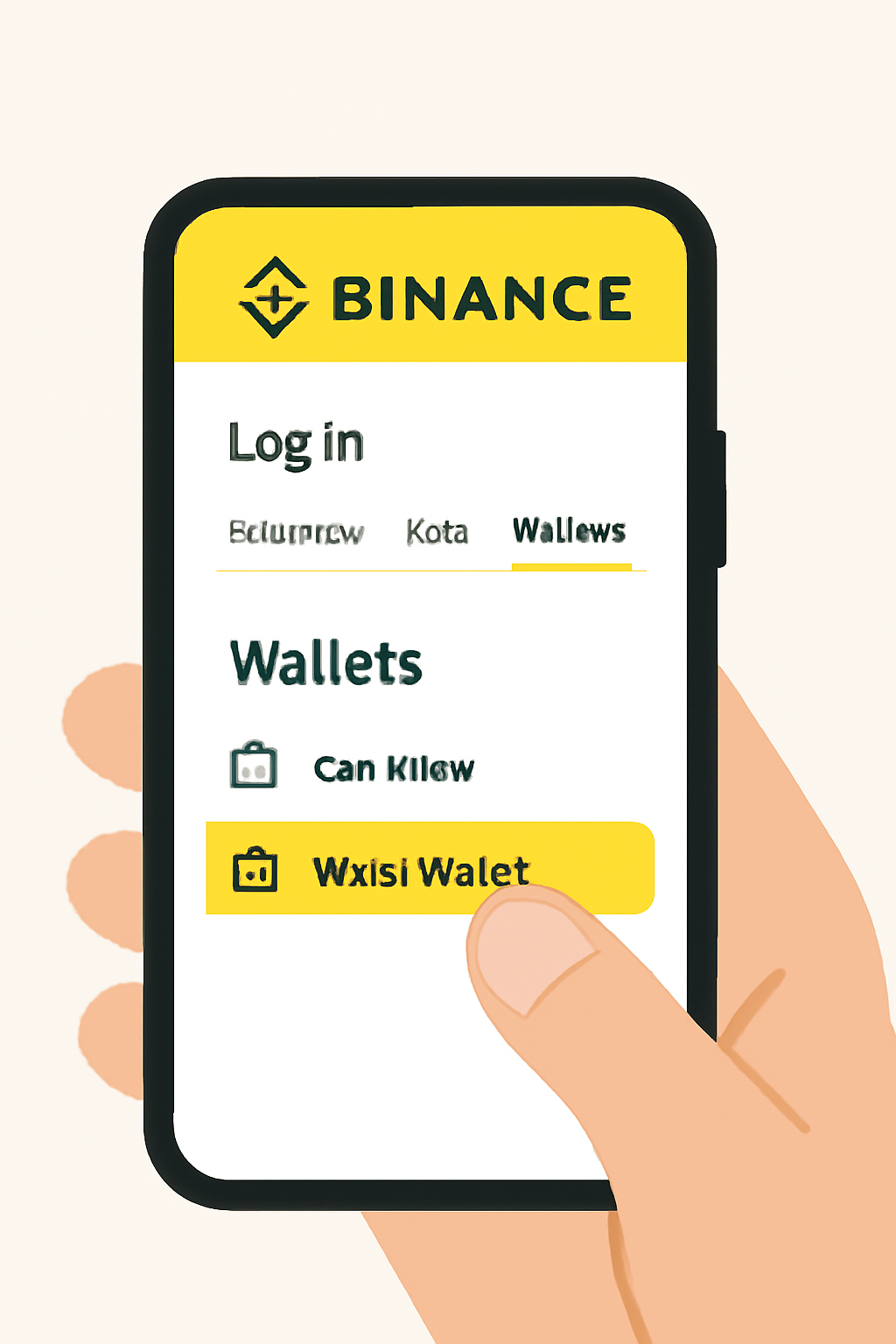 A user logging into the Binance app, navigating to the 'Wallets' section, and selecting 'Web3 Wallet' on a smartphone screen, with Binance branding visible.