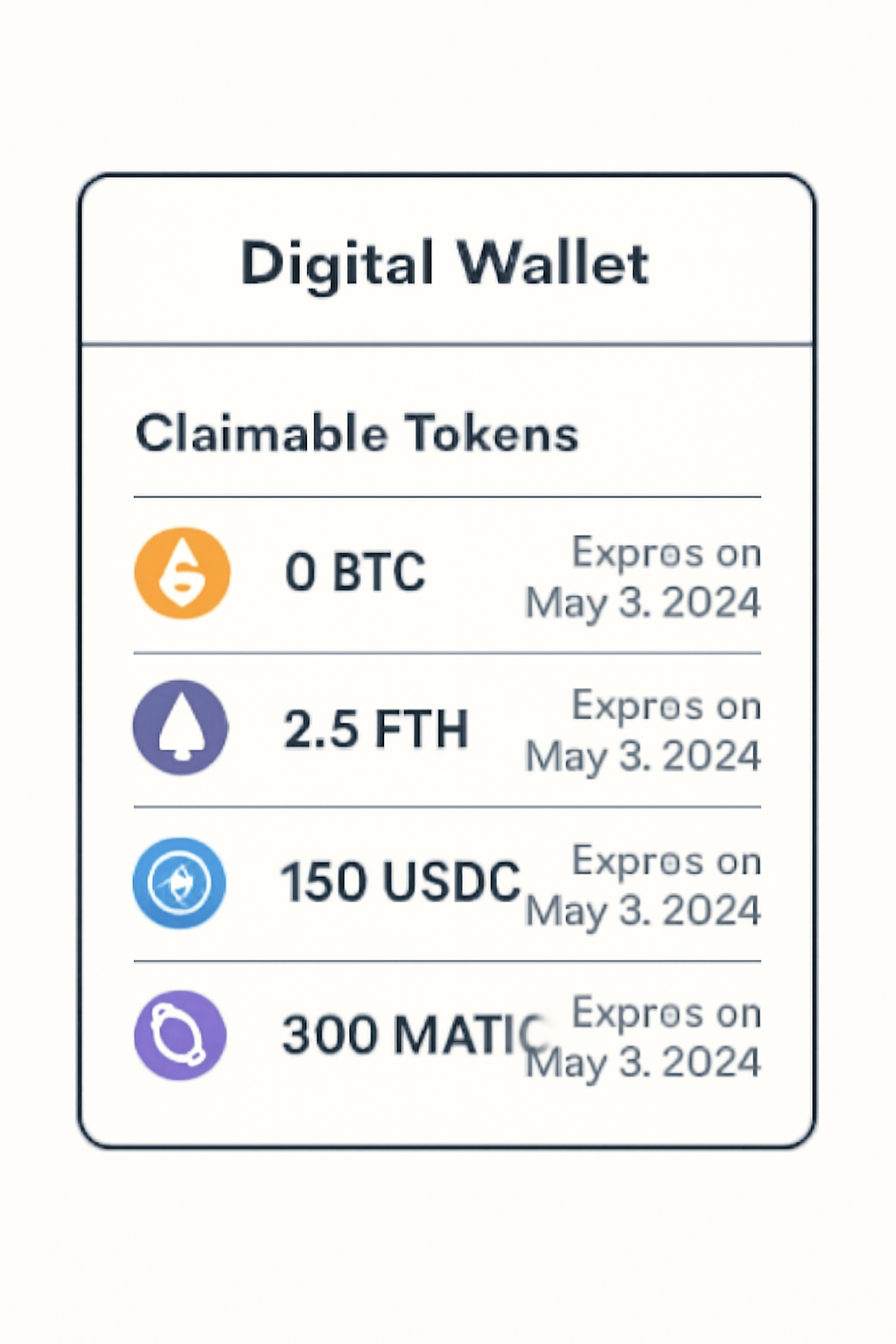 A digital wallet interface showing a list of claimable crypto tokens, each with token logos, amounts, and expiration dates clearly visible.