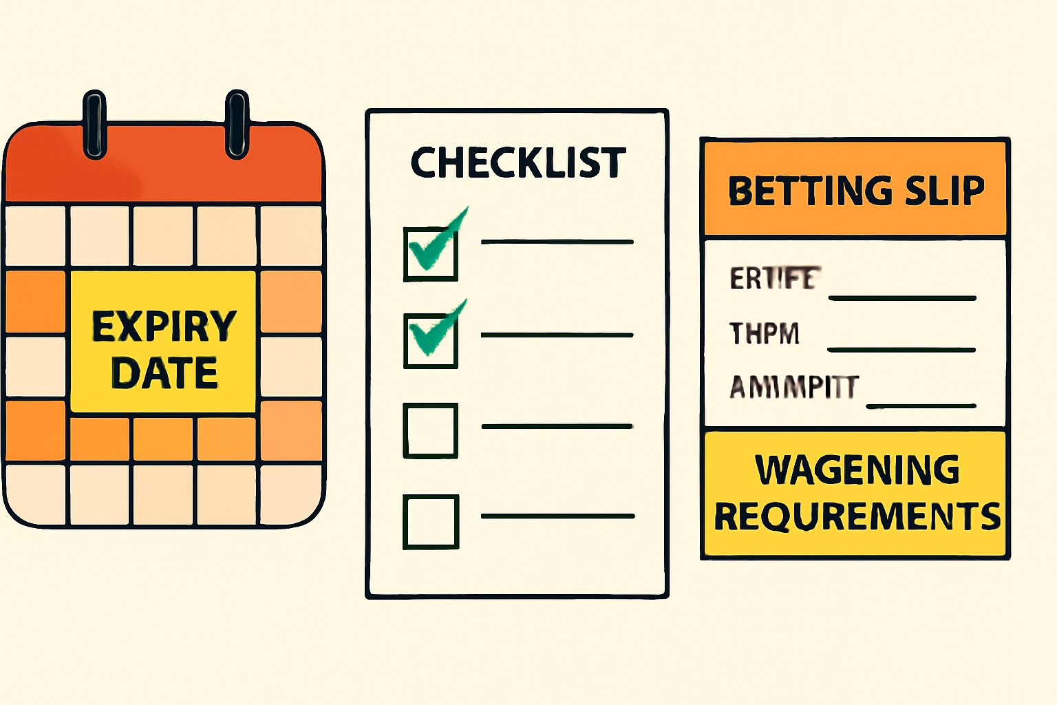 A calendar and a checklist next to a betting slip, with highlighted expiry dates and wagering requirements.
