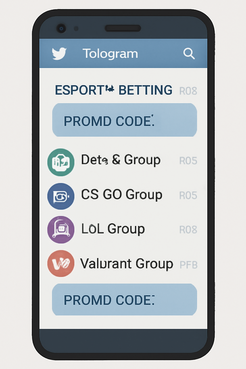 A smartphone screen displaying the Telegram app open to a popular esports betting channel, with a list of active group chats and promo code messages.