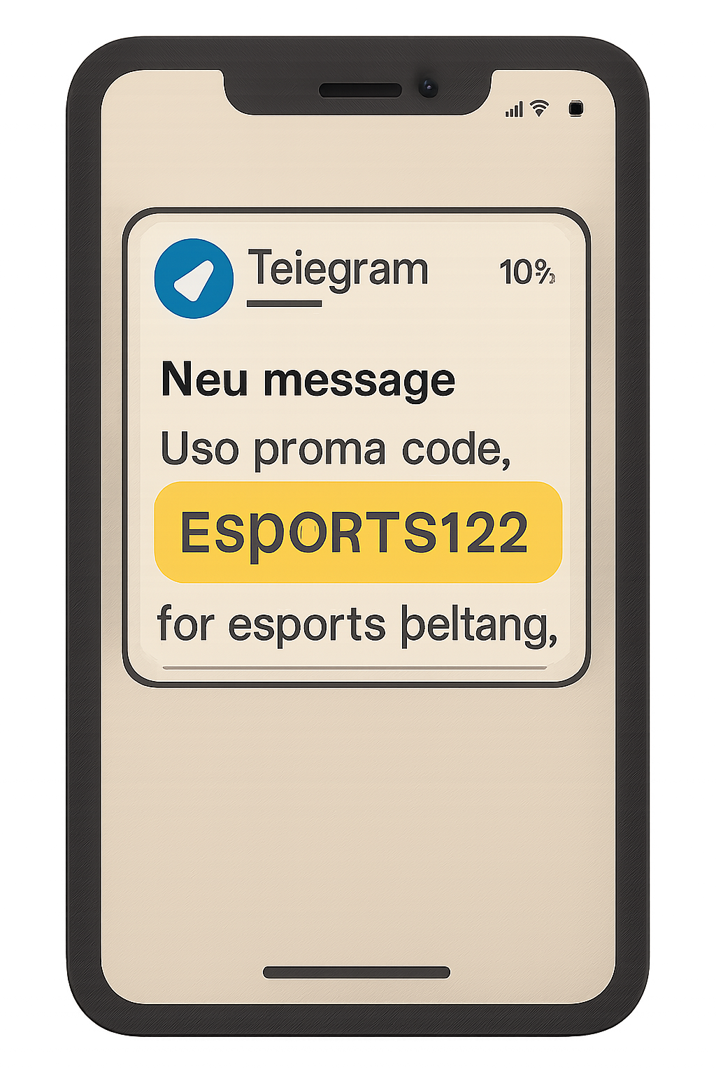A notification pop-up on a phone showing a new Telegram message with a highlighted promo code for esports betting.