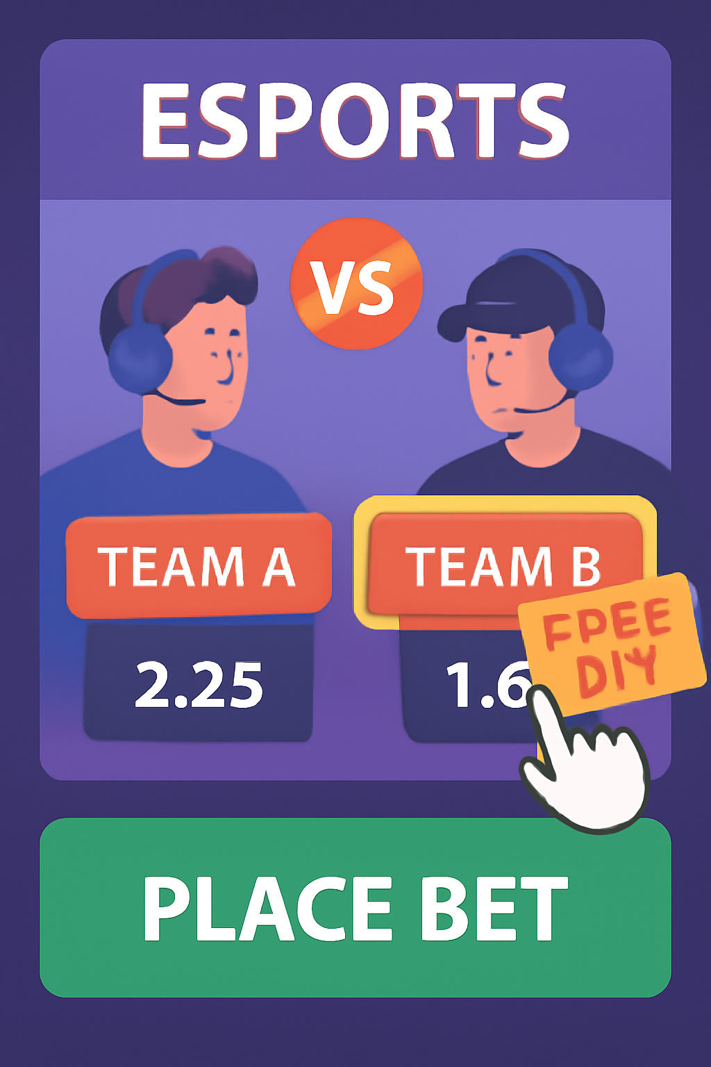 A vibrant esports match interface on a betting site, with a 'Free Bet' token being used on a selected team.