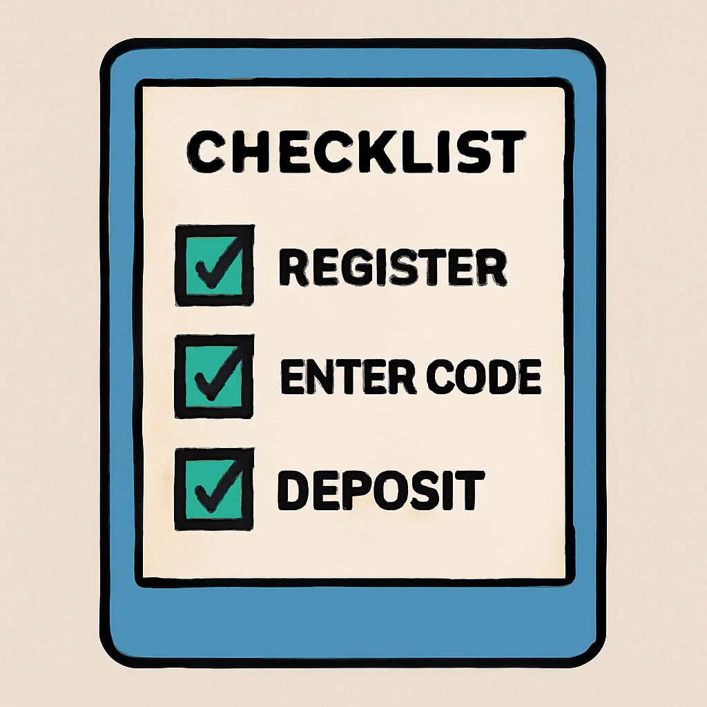 A checklist on a digital screen, with steps like 'Register', 'Enter Code', and 'Deposit', each ticked off as completed.