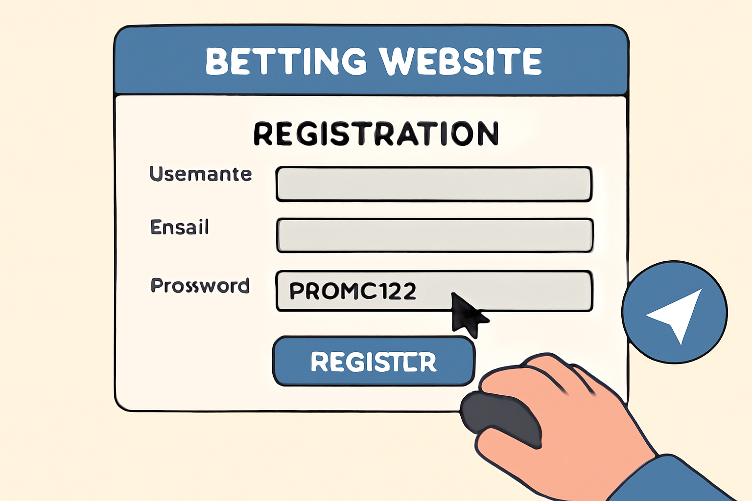 A user filling out a registration form on a betting website, with a promo code field being entered, and the Telegram logo in the corner.