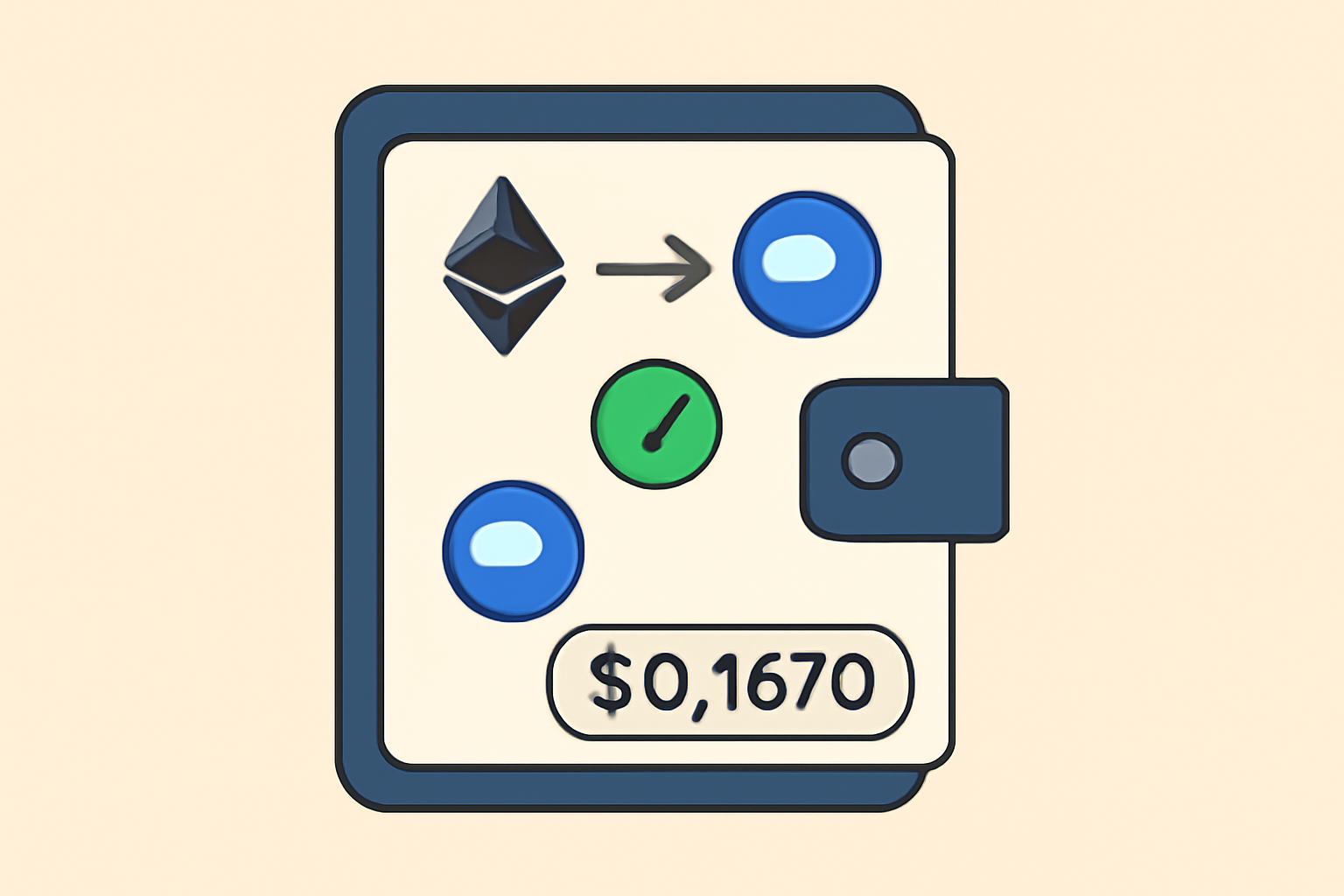 A digital wallet bridging ETH to Base, with transaction confirmations and BASE token icons, price tag $0.1670 visible