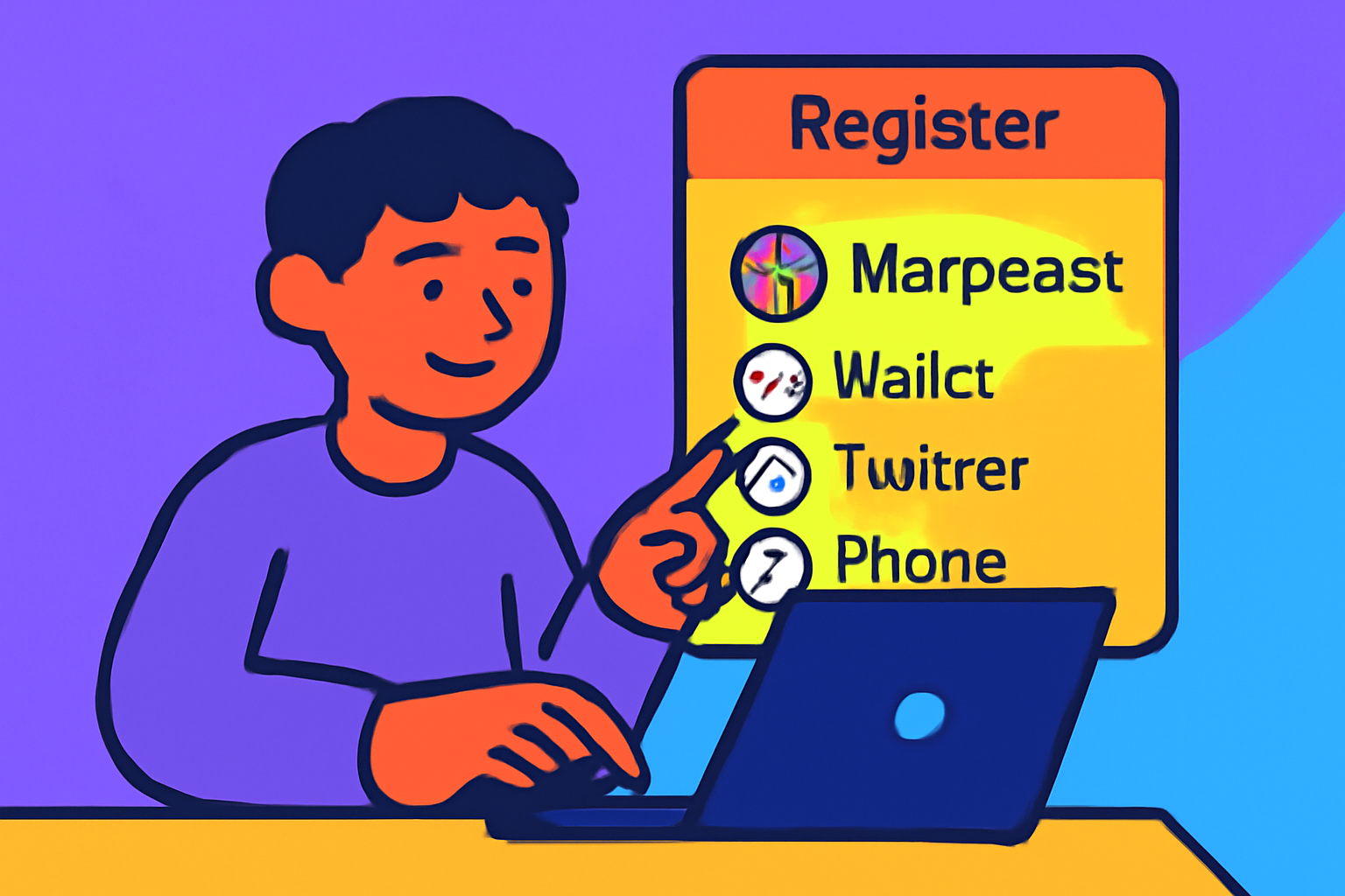 A person using a laptop to register on Warpcast, checking off verification steps (wallet, Twitter, phone), web3 style, energetic colors