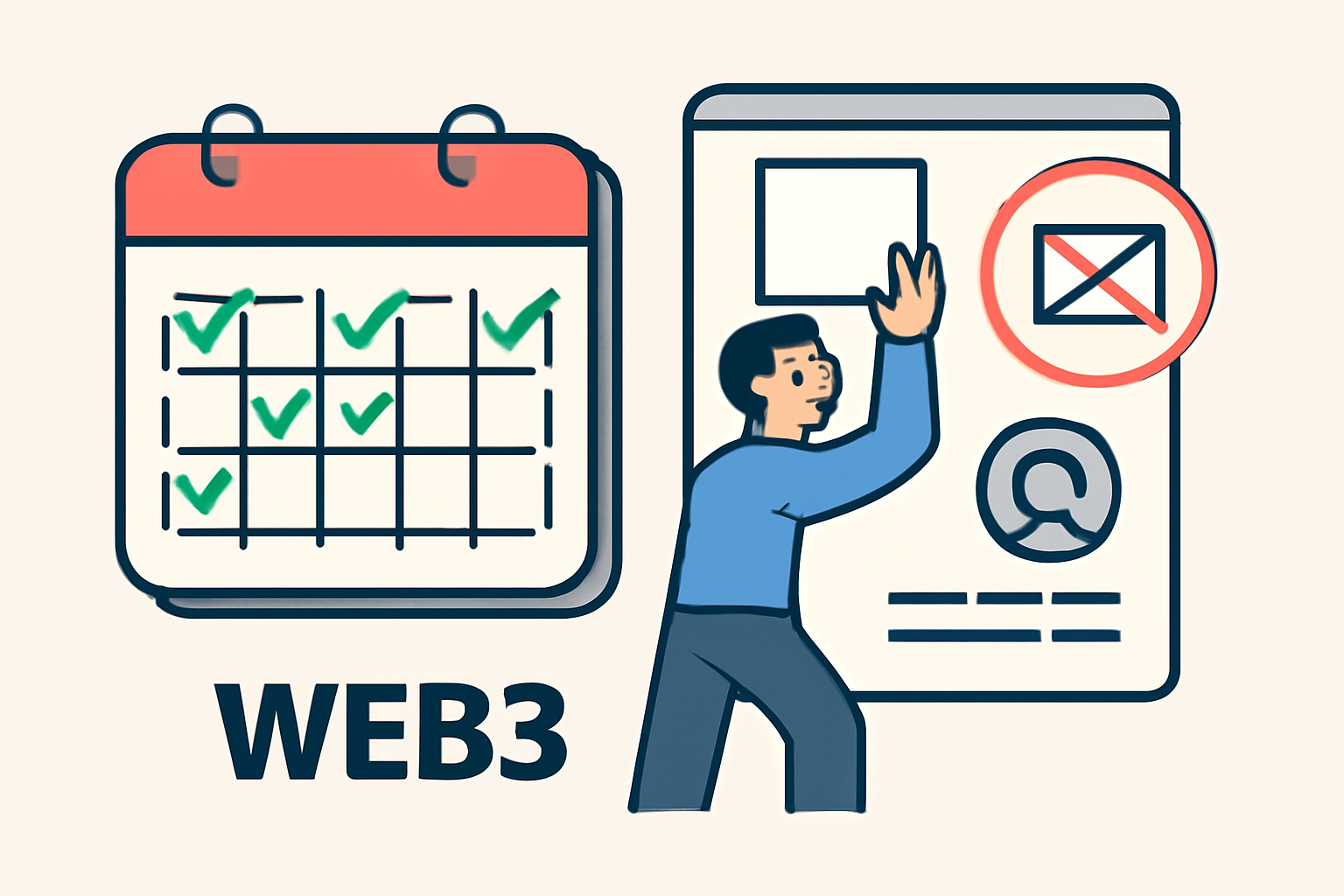 A calendar with checkmarks on multiple days, a person posting and interacting, no spam symbols, web3 theme