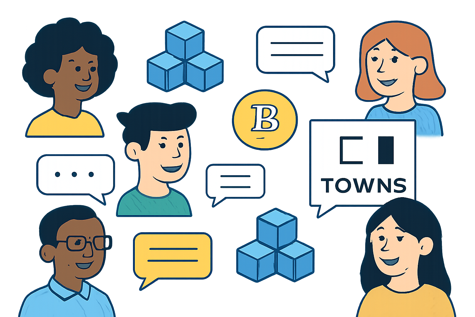 A lively digital community chat with diverse avatars, blockchain icons, and Towns logo, people exchanging messages