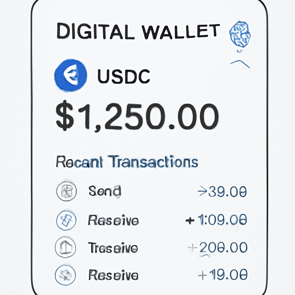 A digital wallet interface showing USDC balance and recent transactions, with Fantom blockchain icon